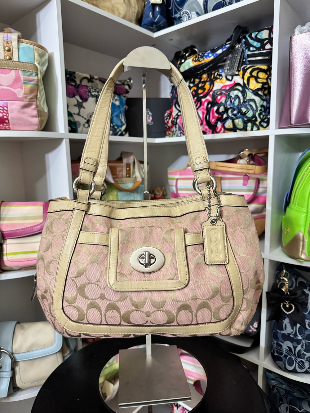 Coach Cricket Pink Signature Canvas Turn-Lock Shoulder Bag